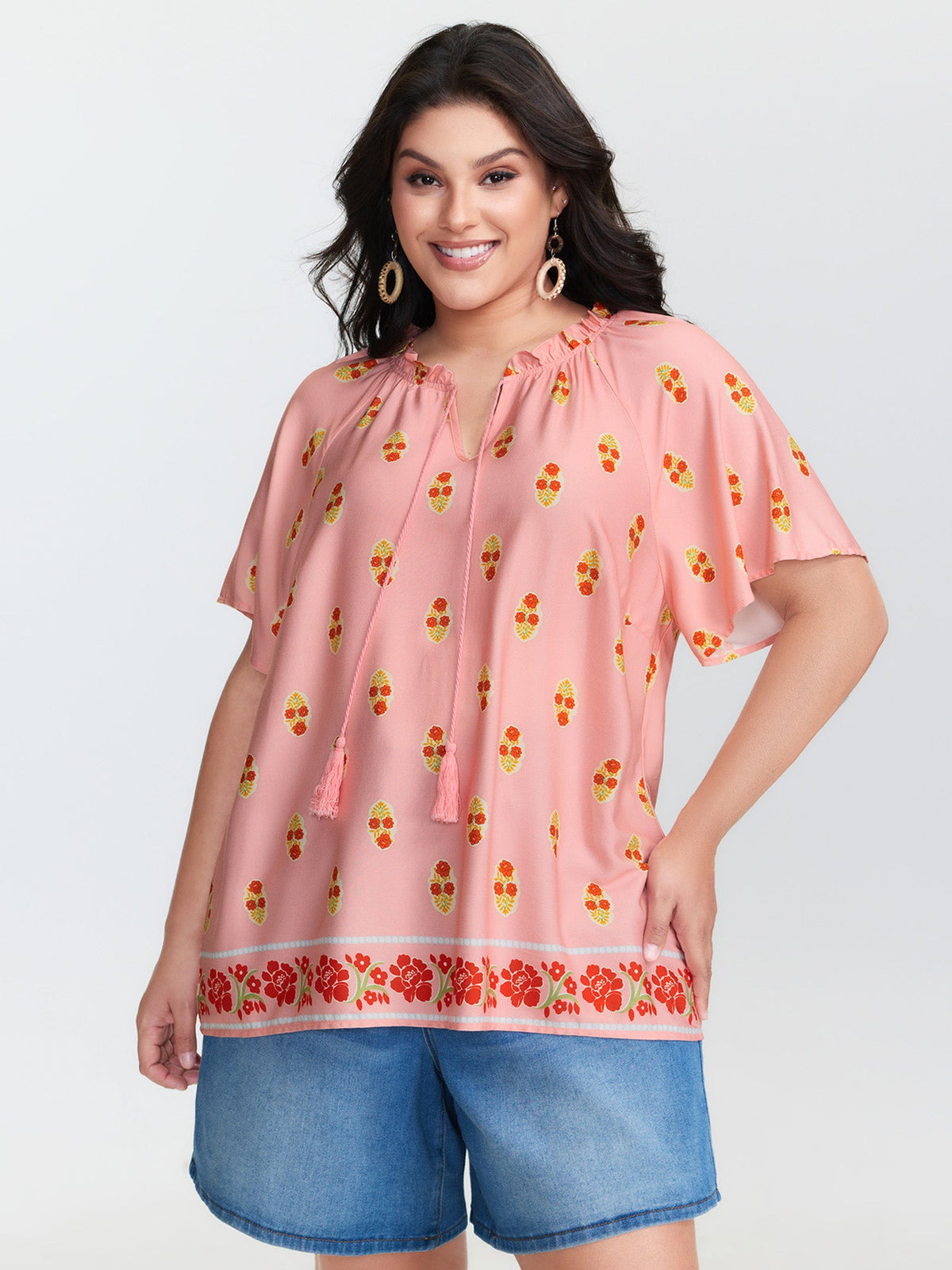 Floral Print Drawstring Neckline Flowy Blouse