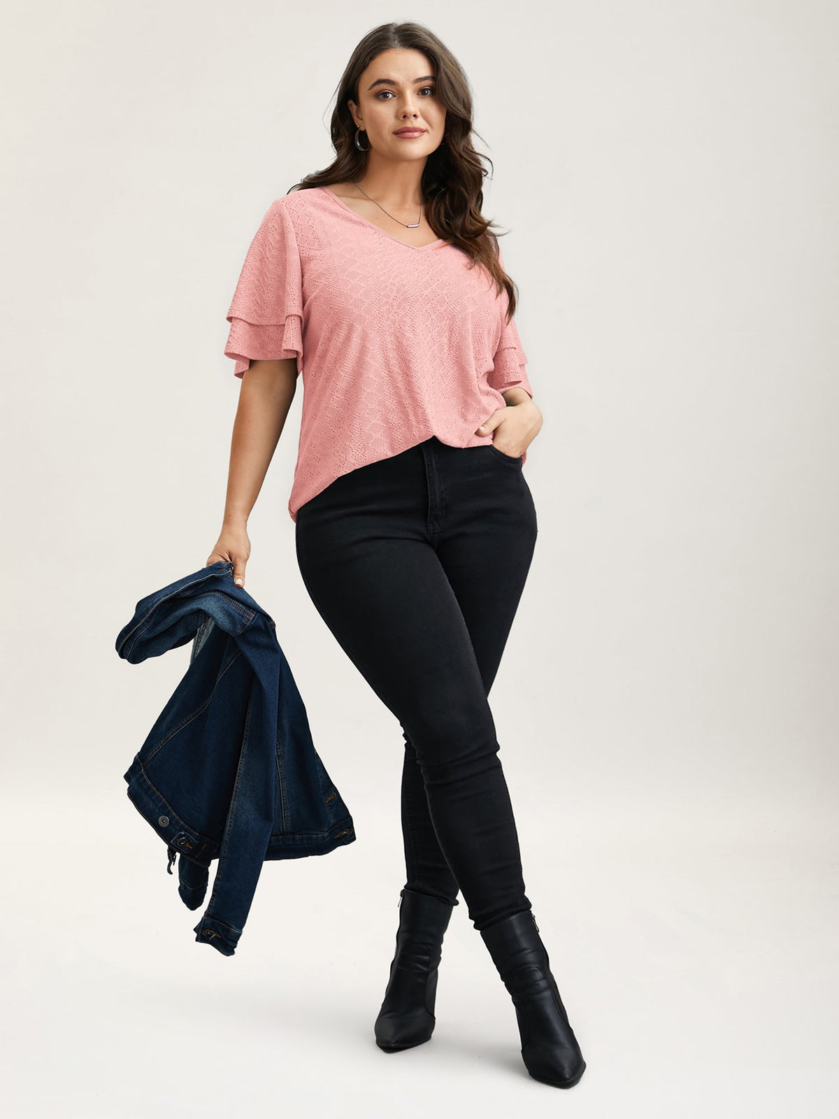 Jacquard Textured Lotus Leaf Sleeve Top