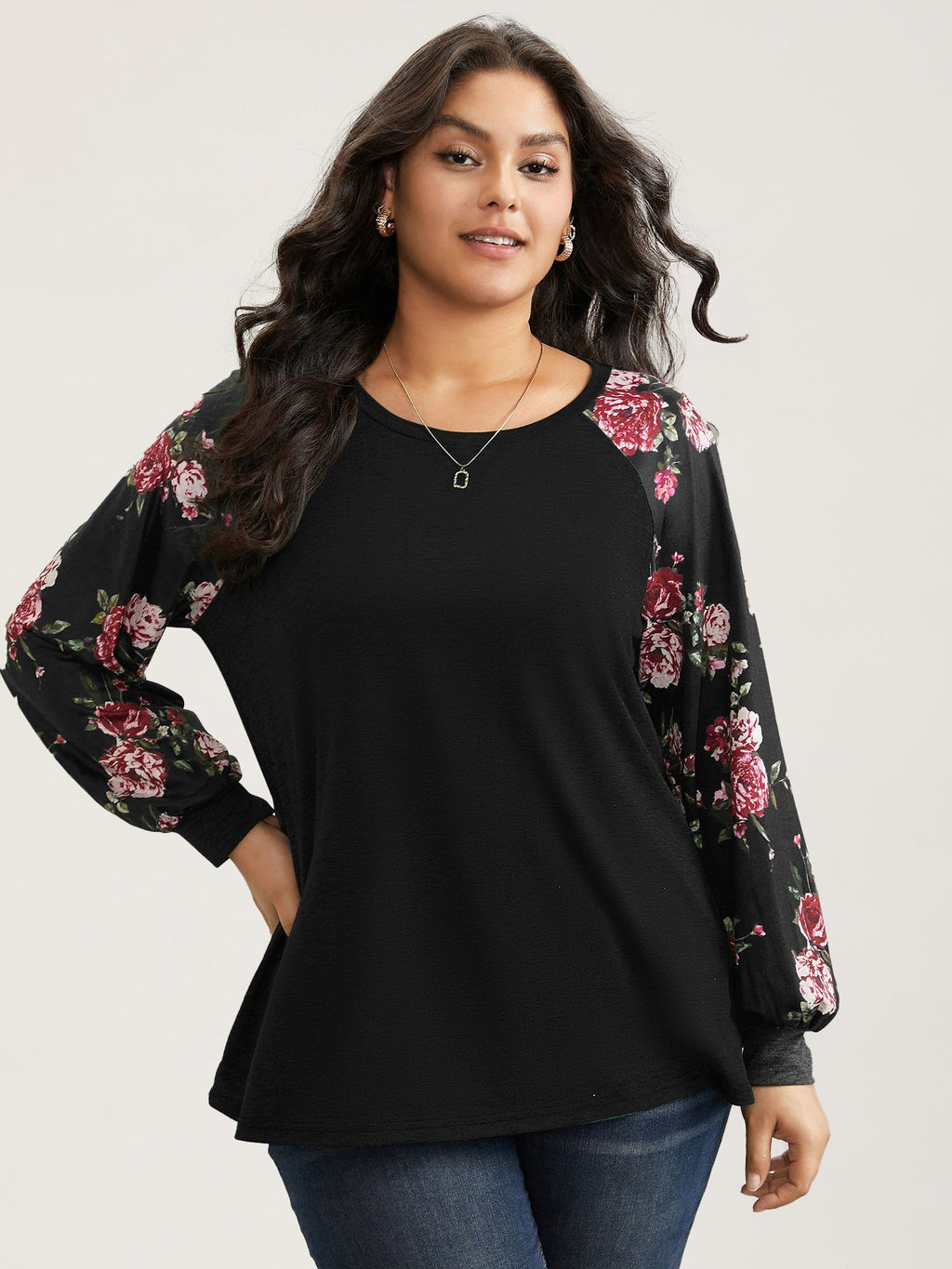 Floral Patchwork Crew Neck Raglan Sleeve T-shirt