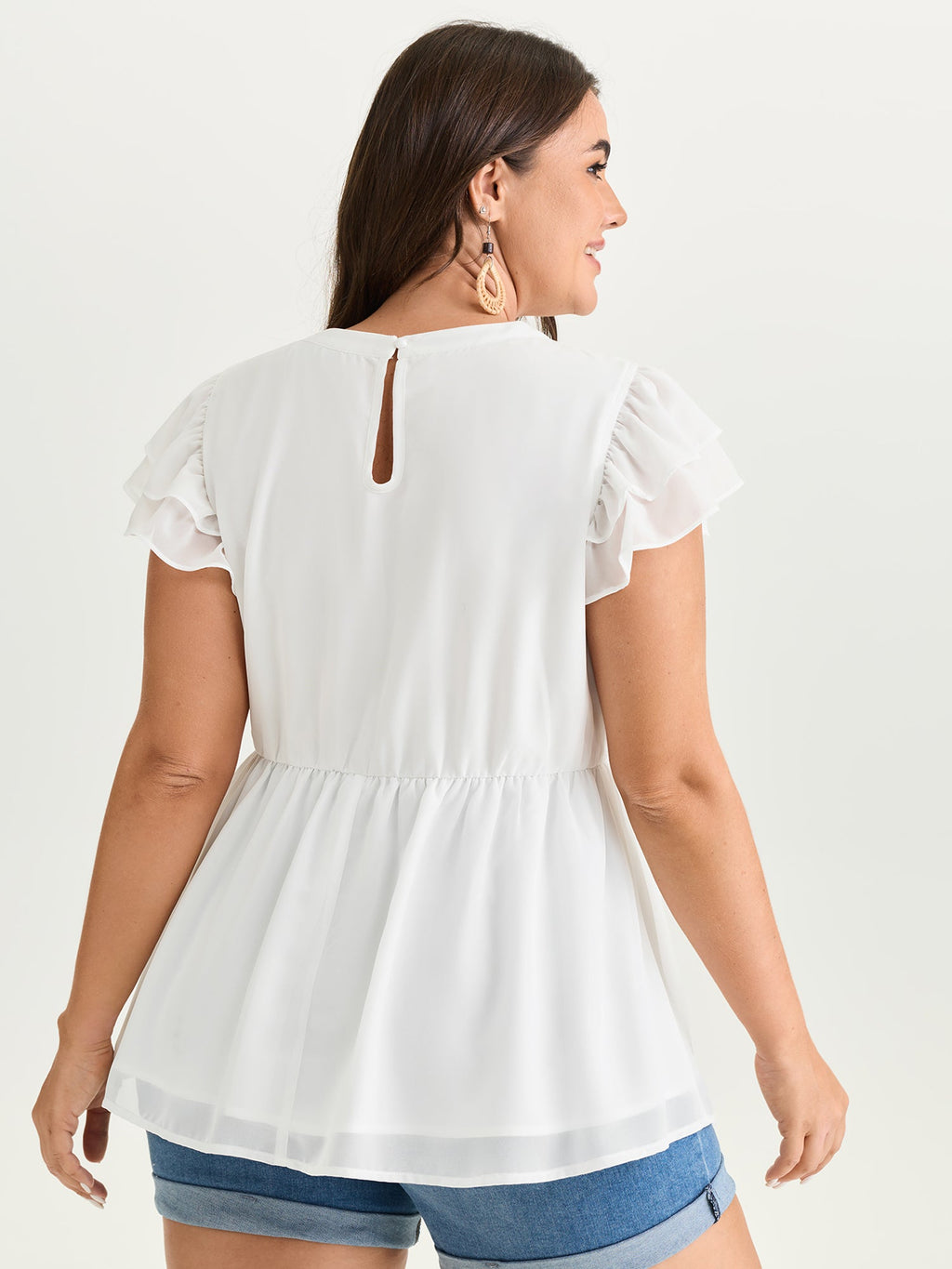 Cut Out Floral Neckline Plain Blouse
