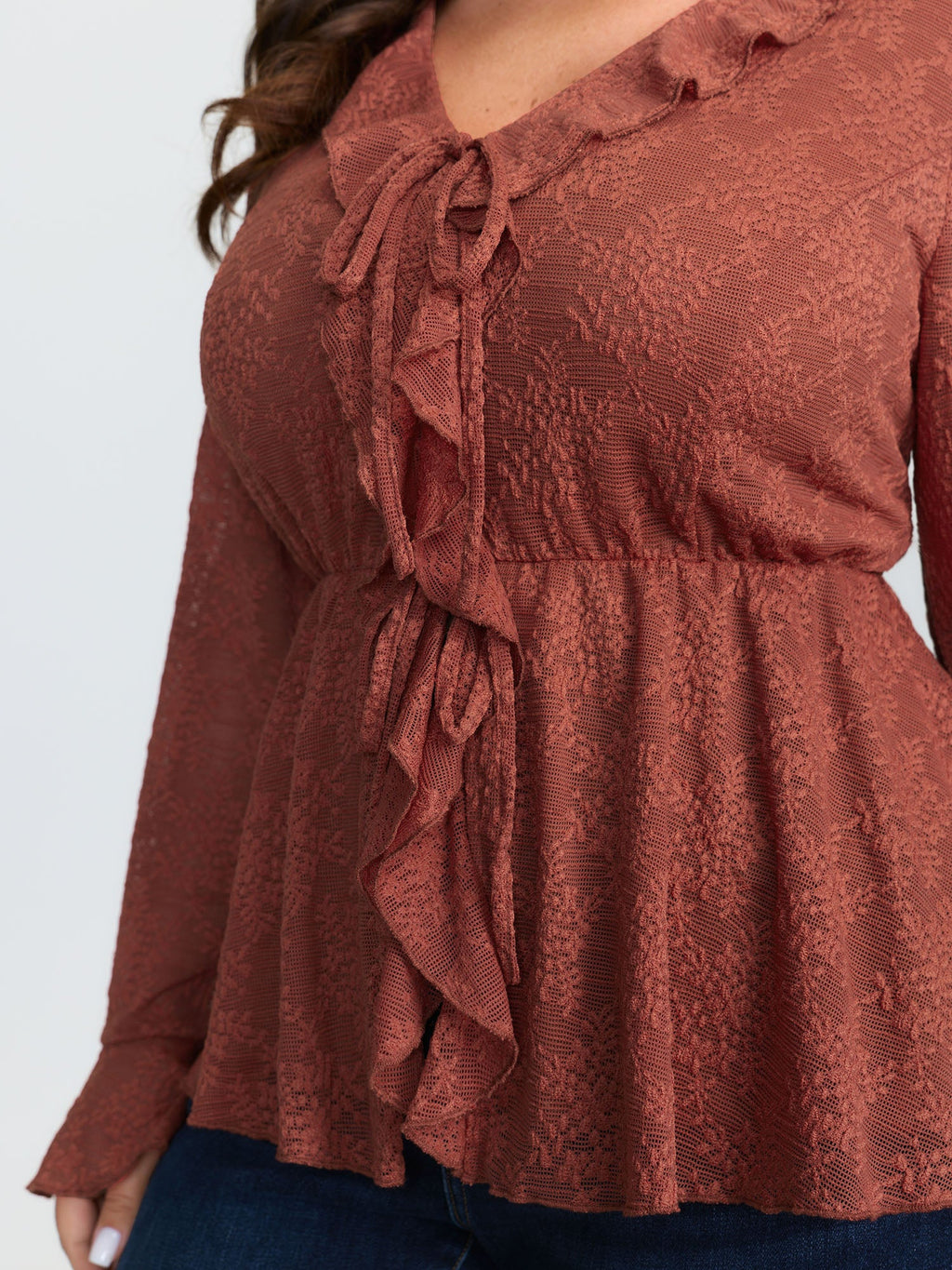 Ruffled Edge Lace Trim Tie Blouse