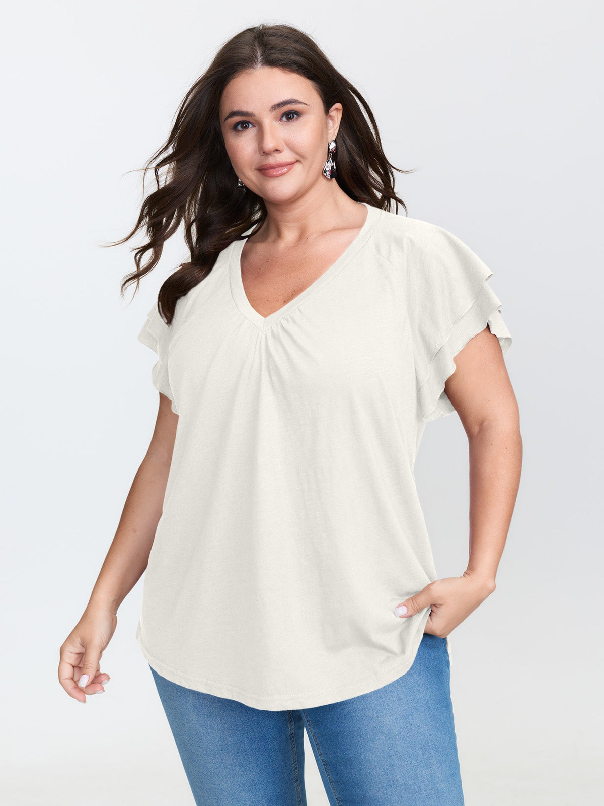 Stretchy Textured Flared Sleeve T-Shirt