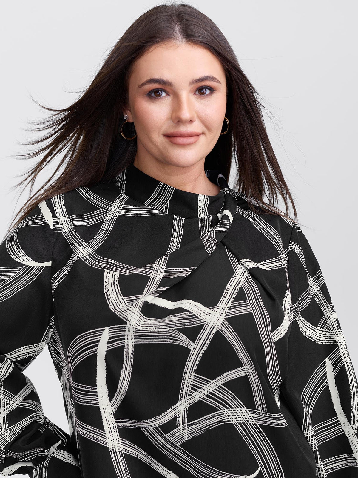 Abstract Print Drape Neckline Blouse