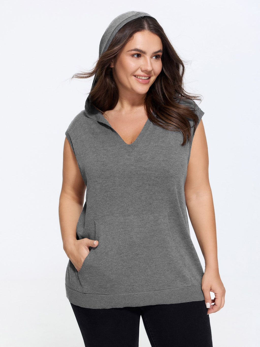 V Neck Hooded Pocket Sleeveless Sweater Vest