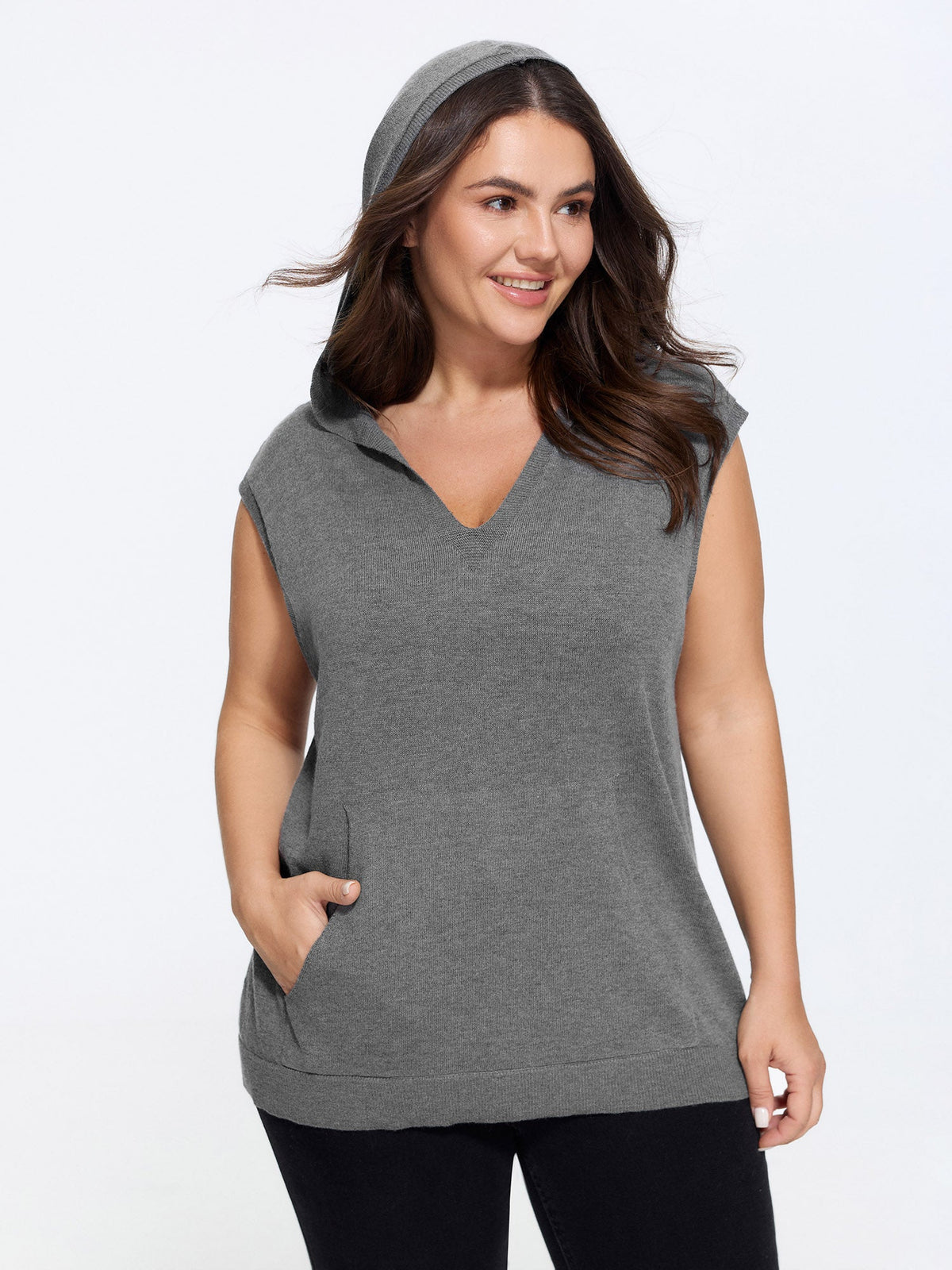 V Neck Hooded Pocket Sleeveless Sweater Vest