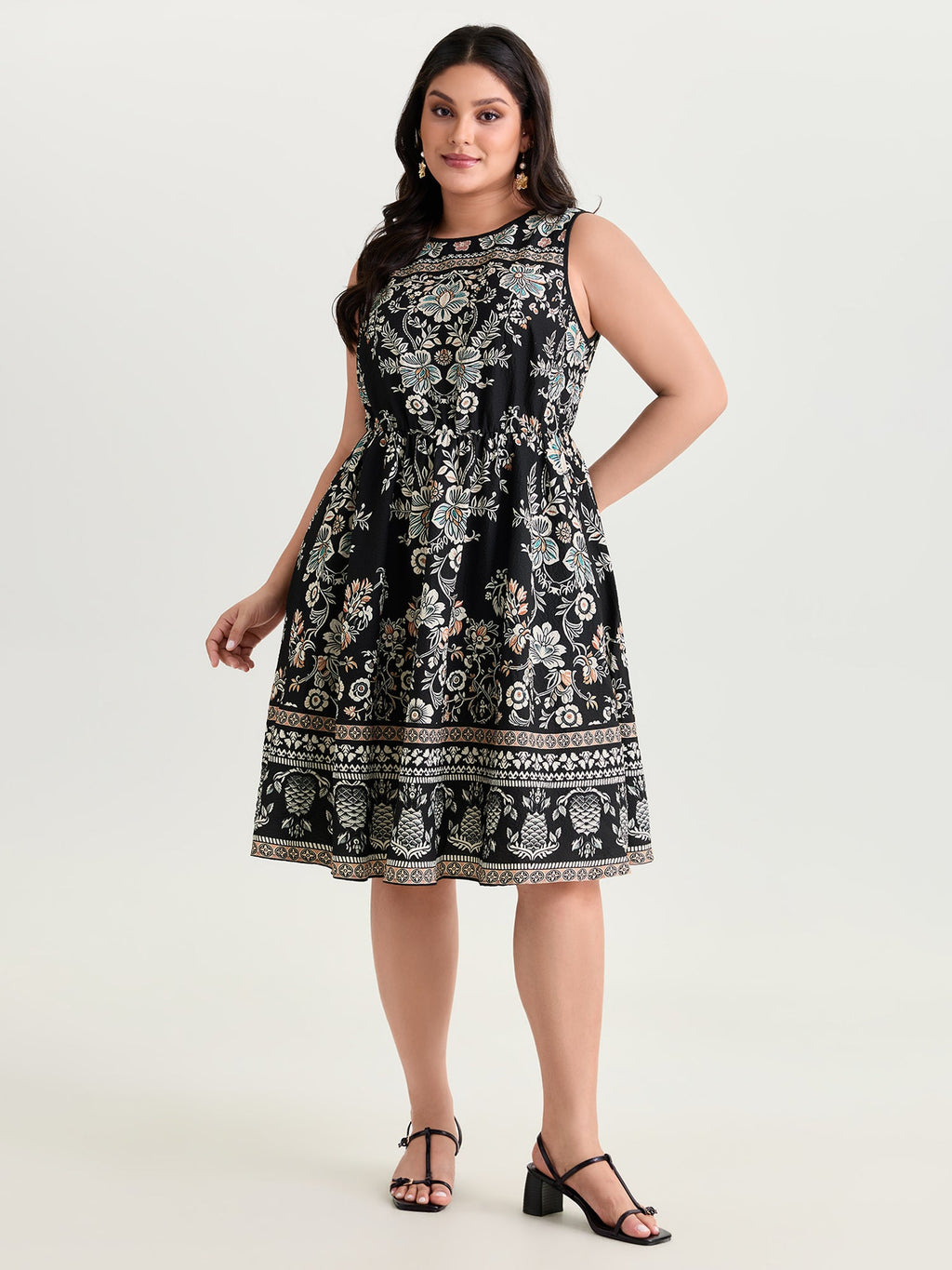 Boho Print Round Neck A-Line Mini Dress