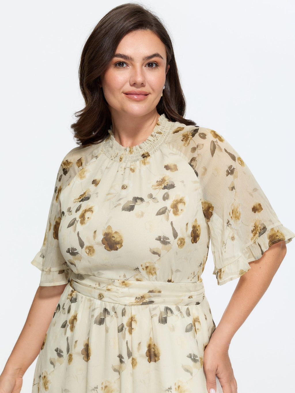 Floral Print Pockets Shirred Mock Neck Maxi Dress