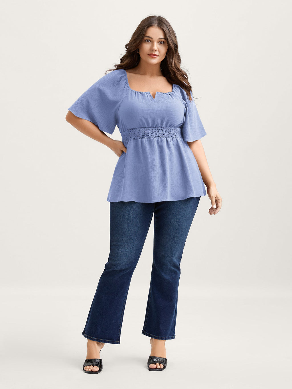 Stretchy Neckline Waist-Cinched Solid Blouse