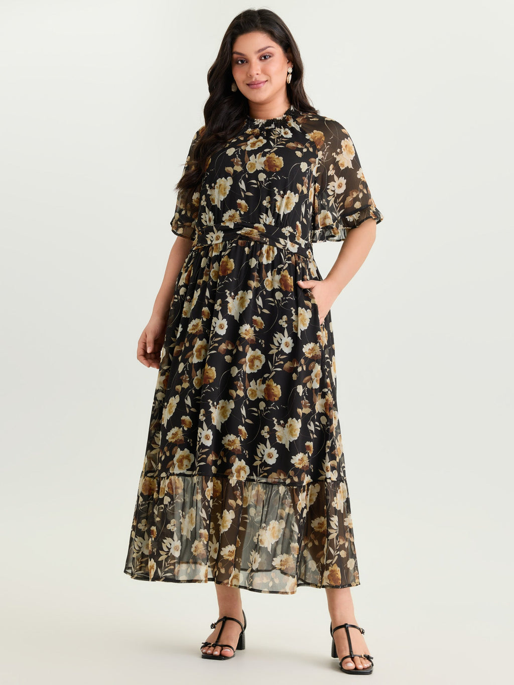 Floral Print Pockets Shirred Mock Neck Maxi Dress