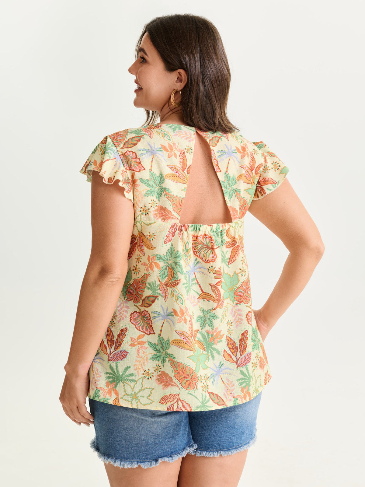 Bright Floral Texture Open-Back Blouse