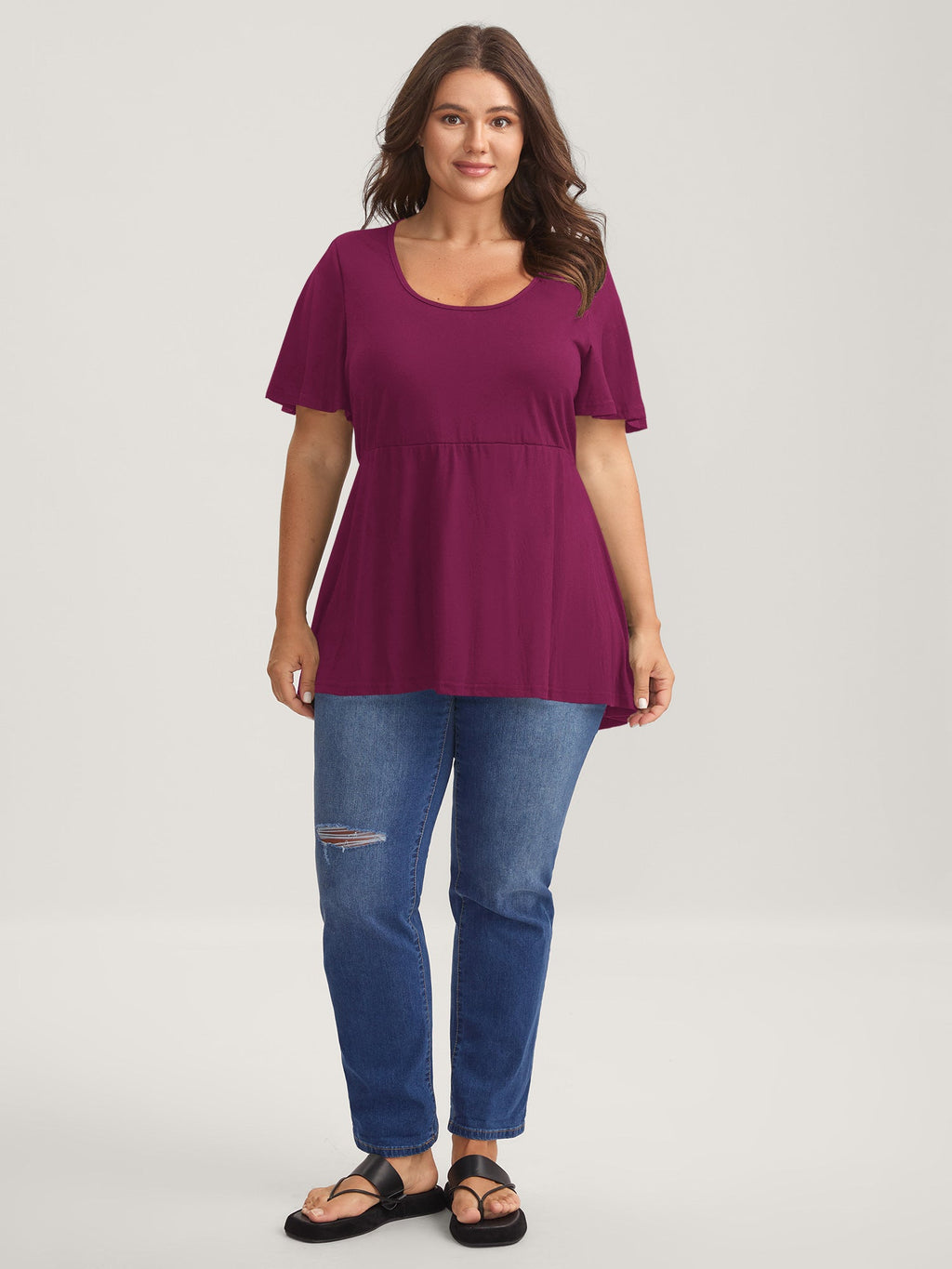 Ruffled Sleeve Round Neck Babydoll Top
