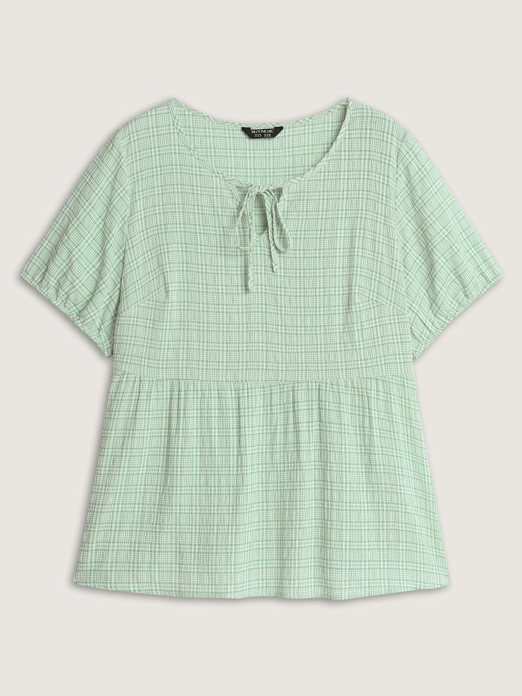 Grid Textured Drawstring Neckline Blouse