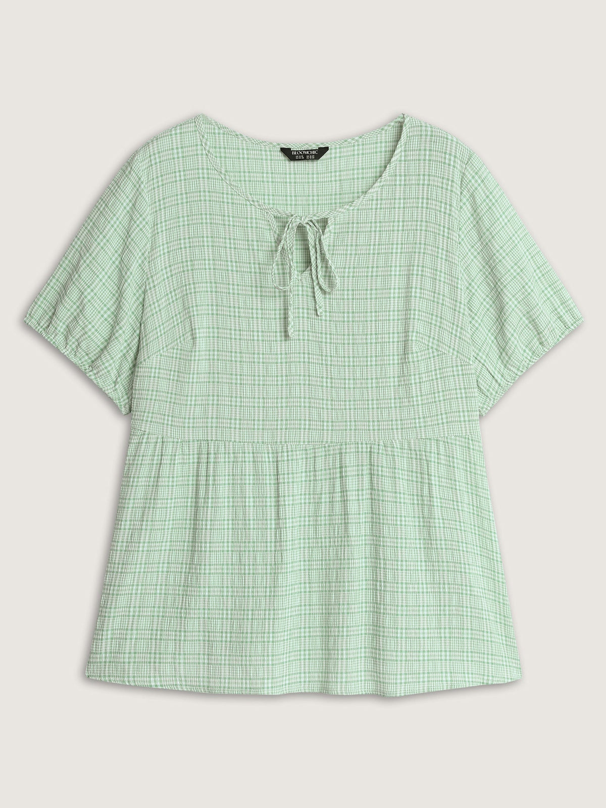 Grid Textured Drawstring Neckline Blouse
