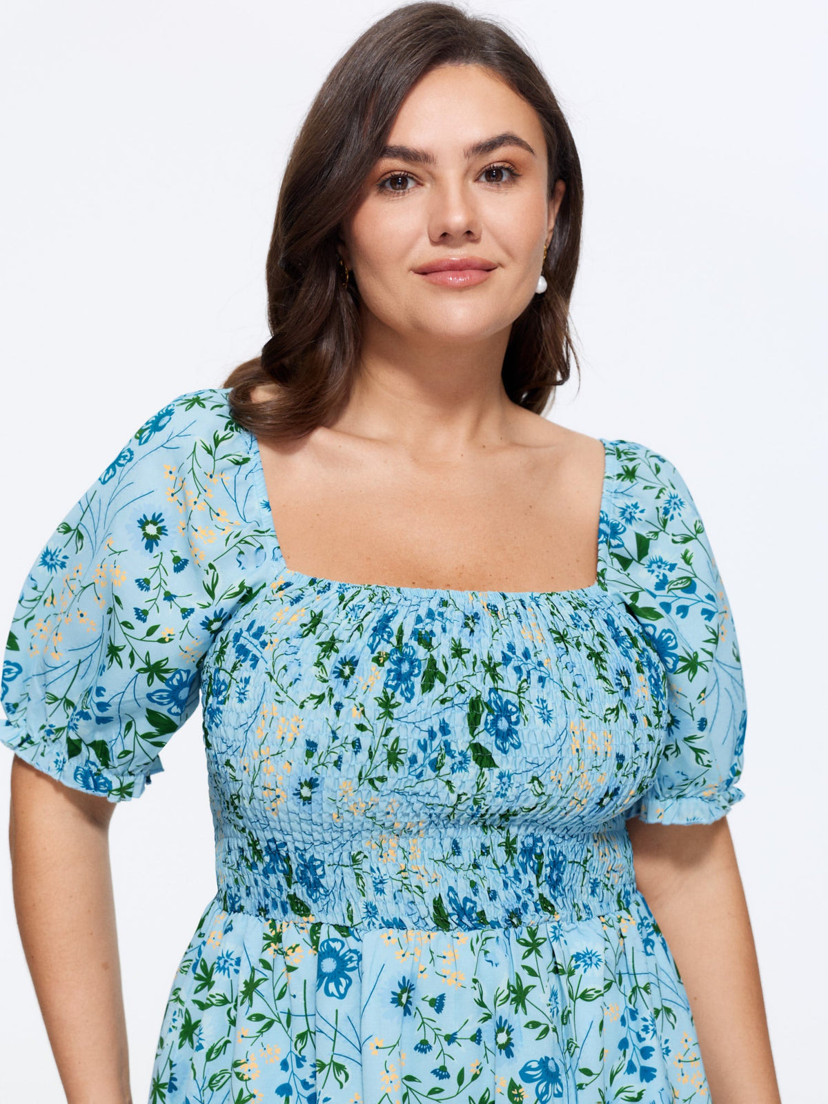 Shirred Floral Print Pockets Maxi Dress