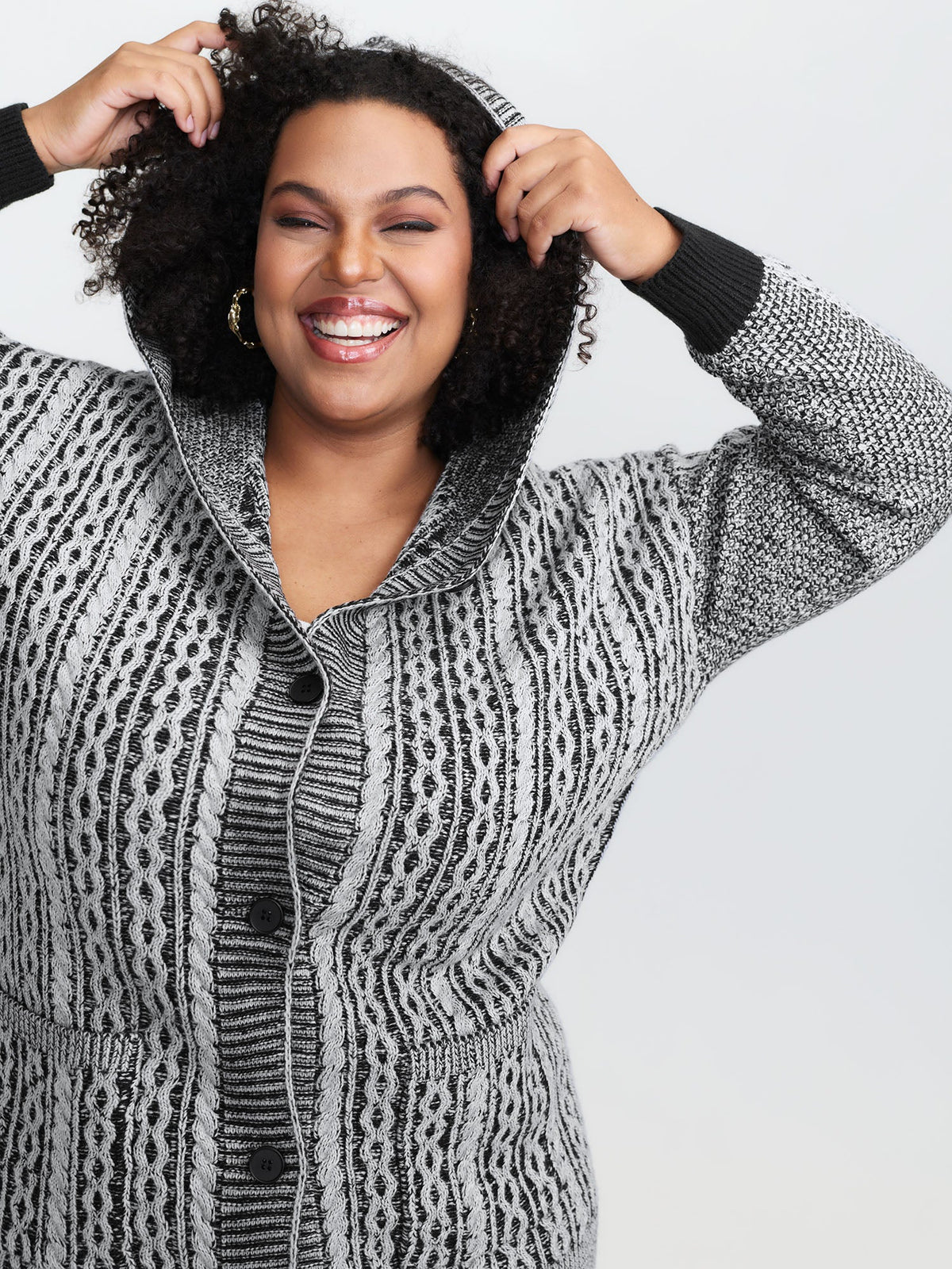 Braided Texture Button Stretchy Pockets Knit Cardigan