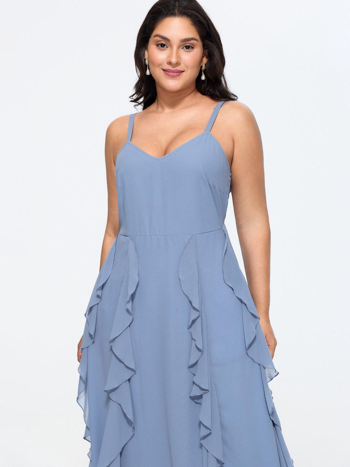 Ruffled Sides Shirred Flowy Midi Dress