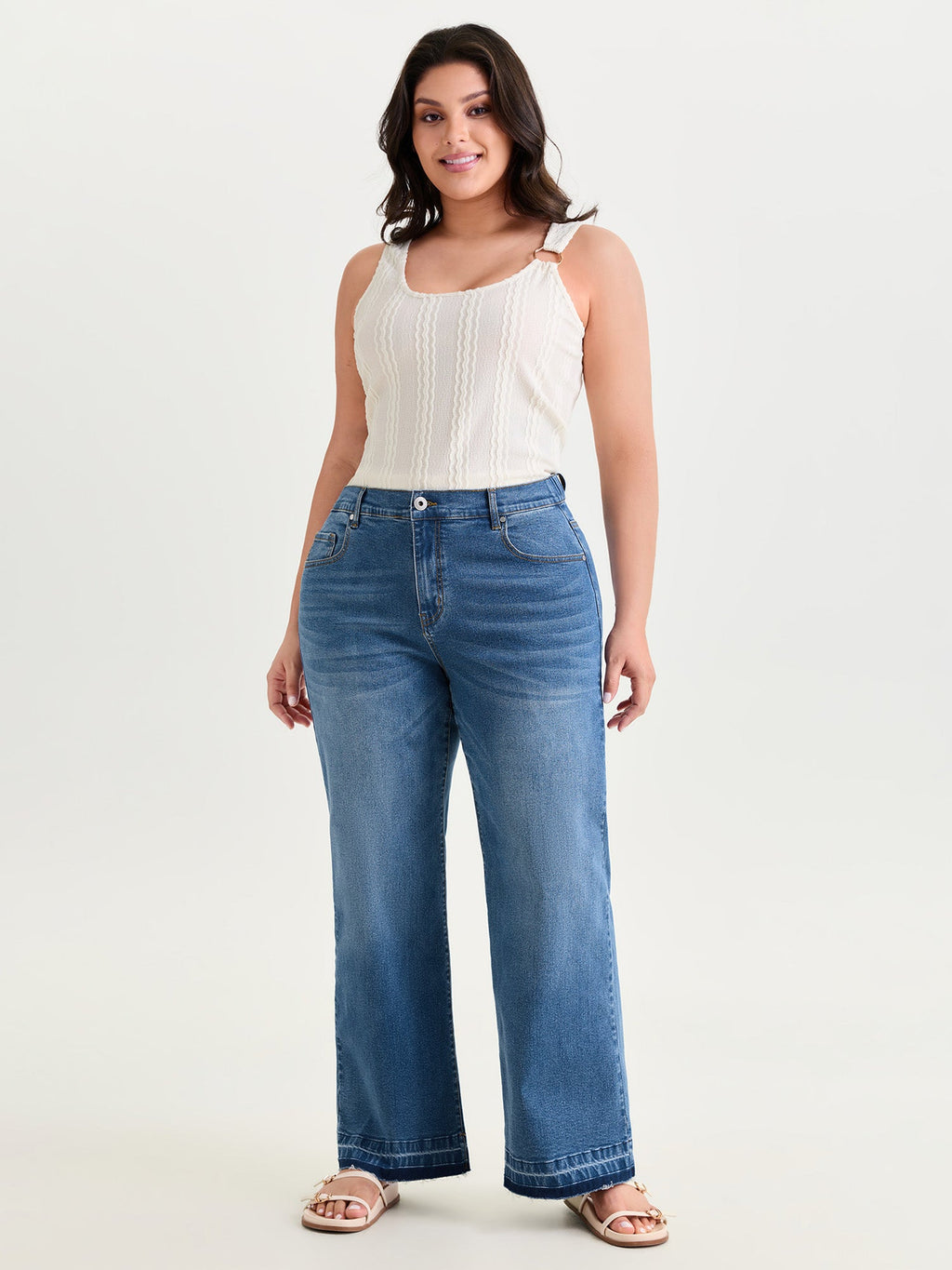 Stretchy Back Elastic Waist Wide Leg Jeans