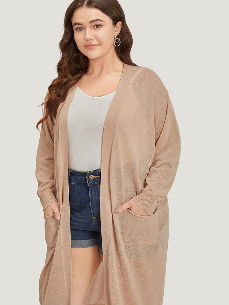 Solid Patched Pocket Open Front Breathable Maxi Cardigan