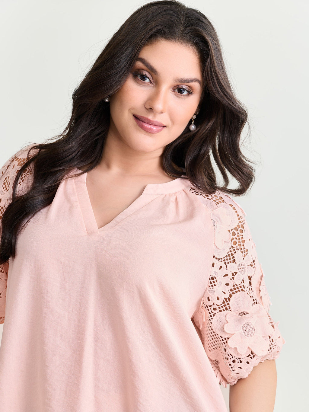 3D Floral Sleeve Spliced Flowy Blouse