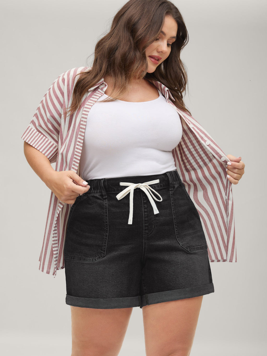 Pull-On Folded Hem High-Rise Denim Shorts