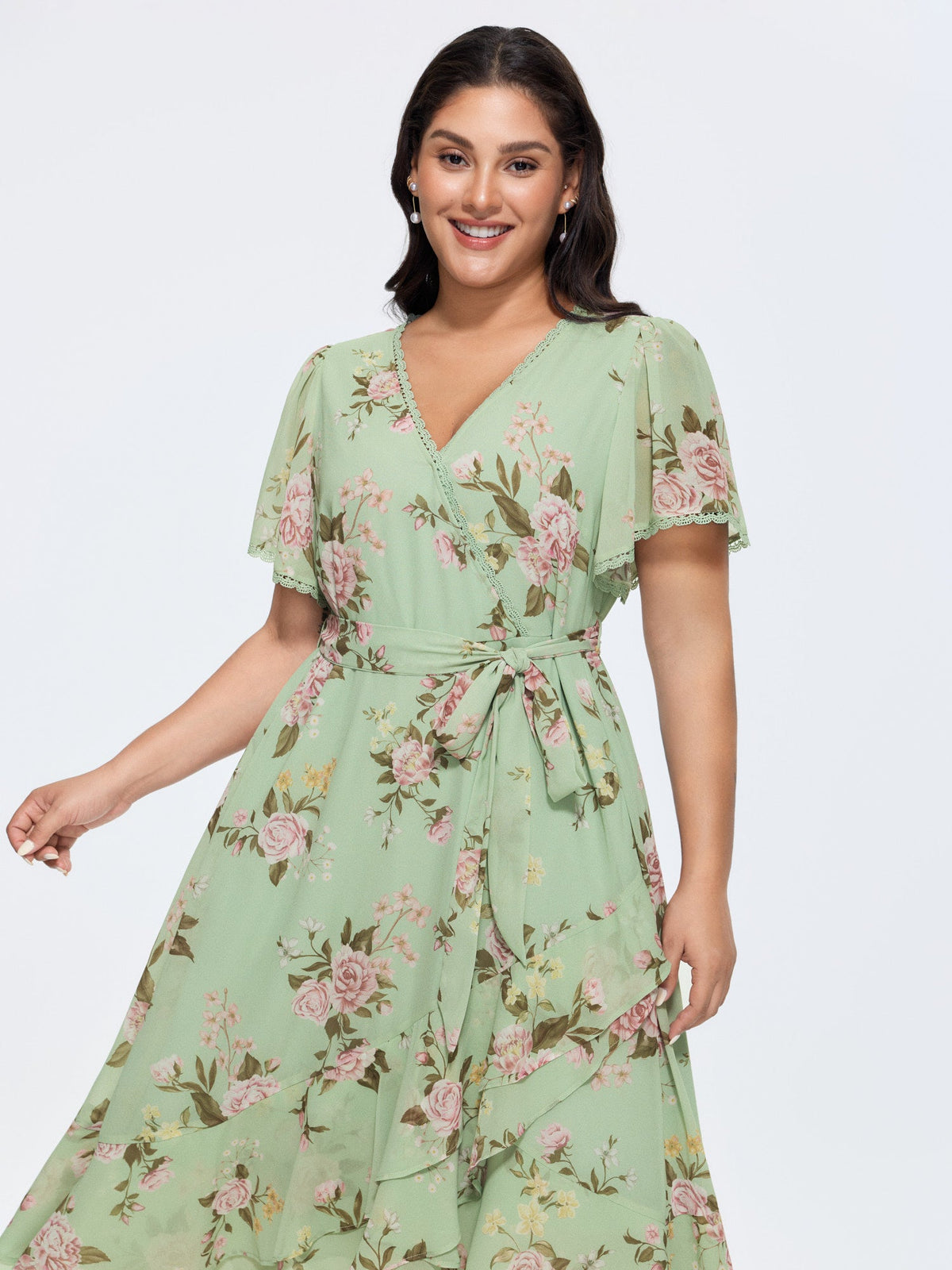 Soft Floral Print Lotus Leaf Hem Midi Dress