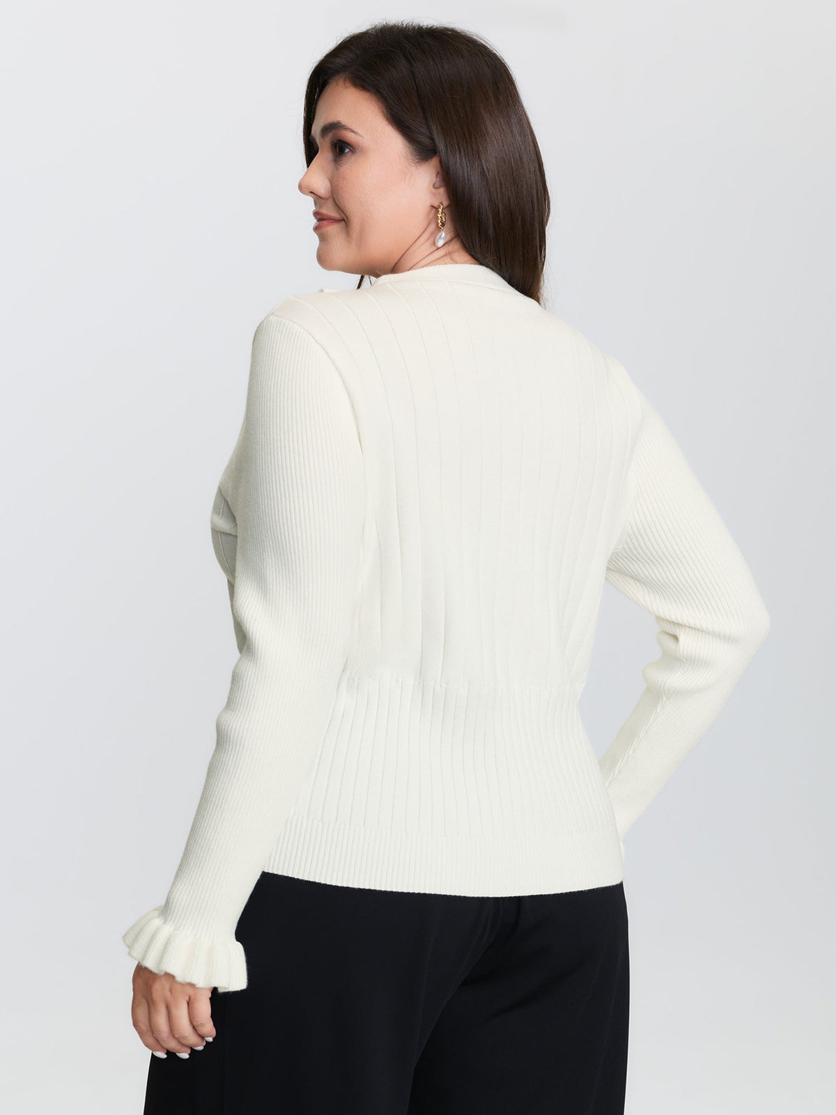 Ruffled Placket Striped Texture Knit Cardigan