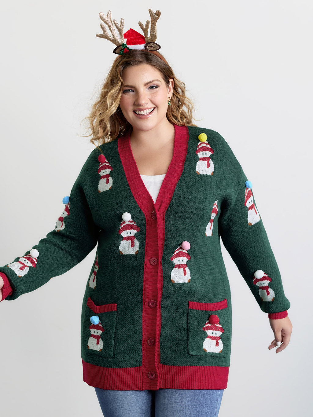3D Snowman Jacquard Placket Knit Cardigan