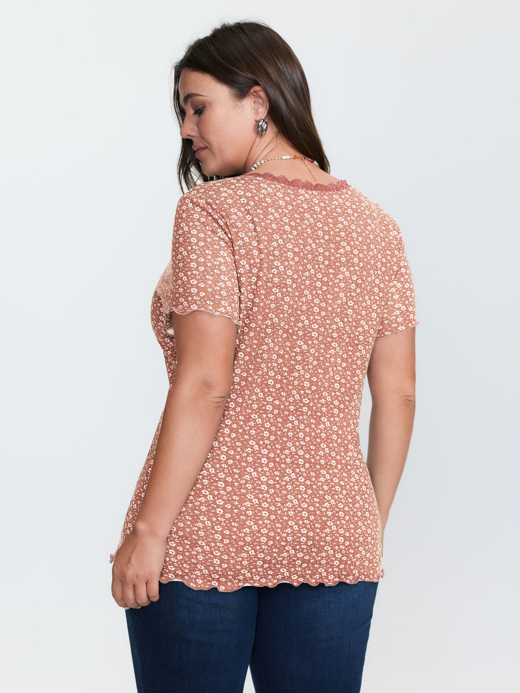 Floral Print Lace Neckline T-Shirt