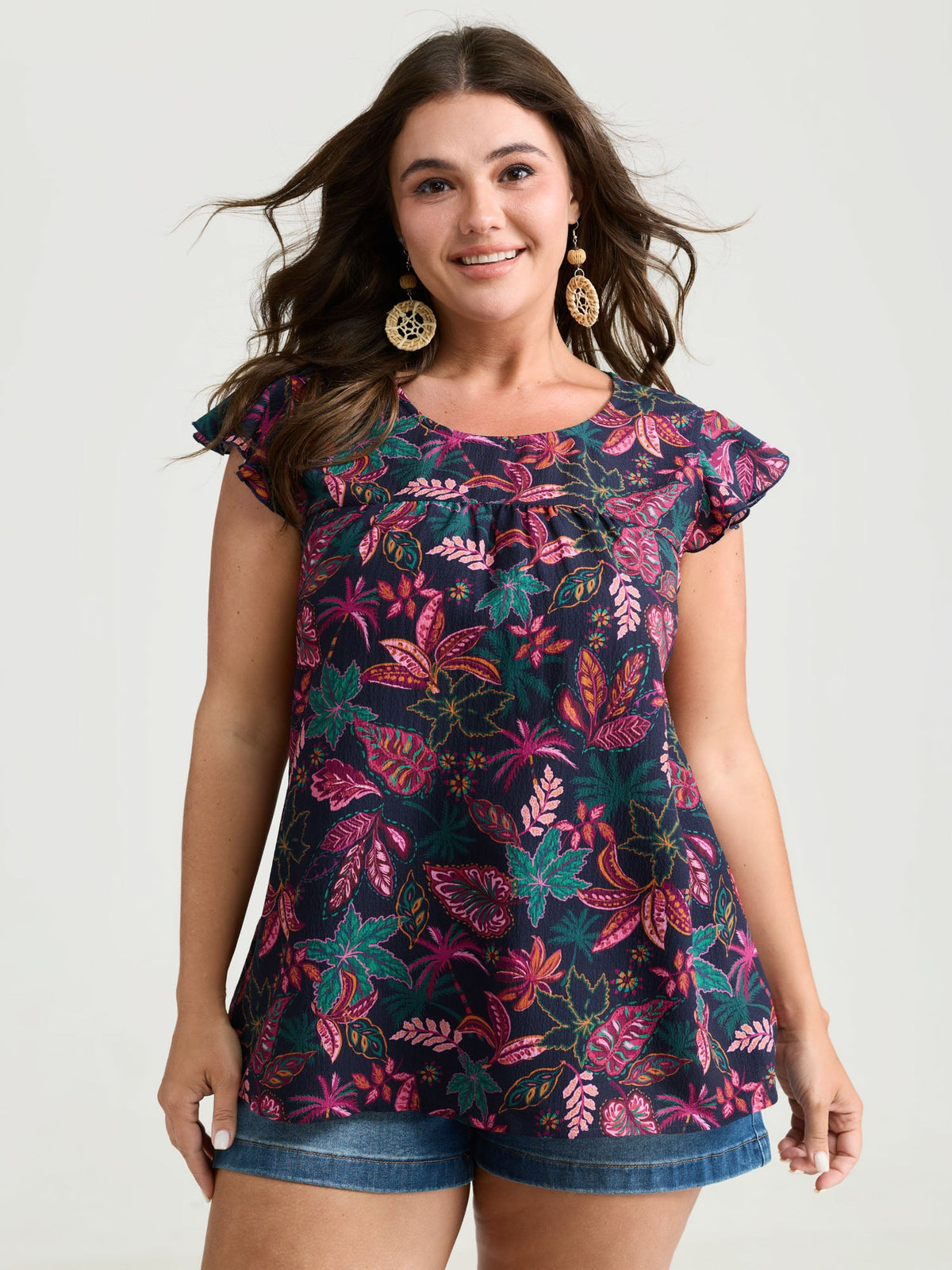 Bright Floral Texture Open-Back Blouse