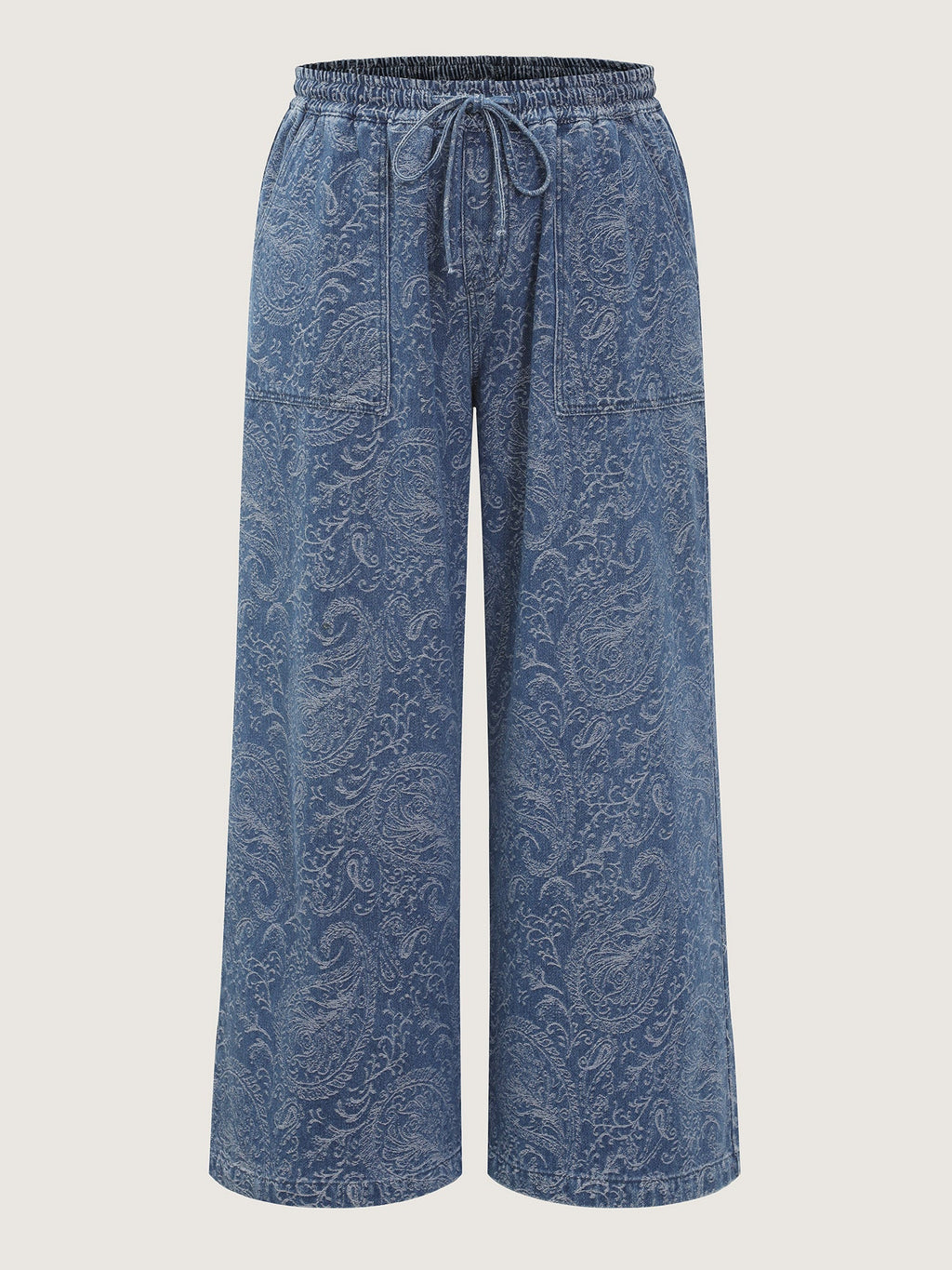 Washed Paisley Print Drawstring Wide Leg Jeans
