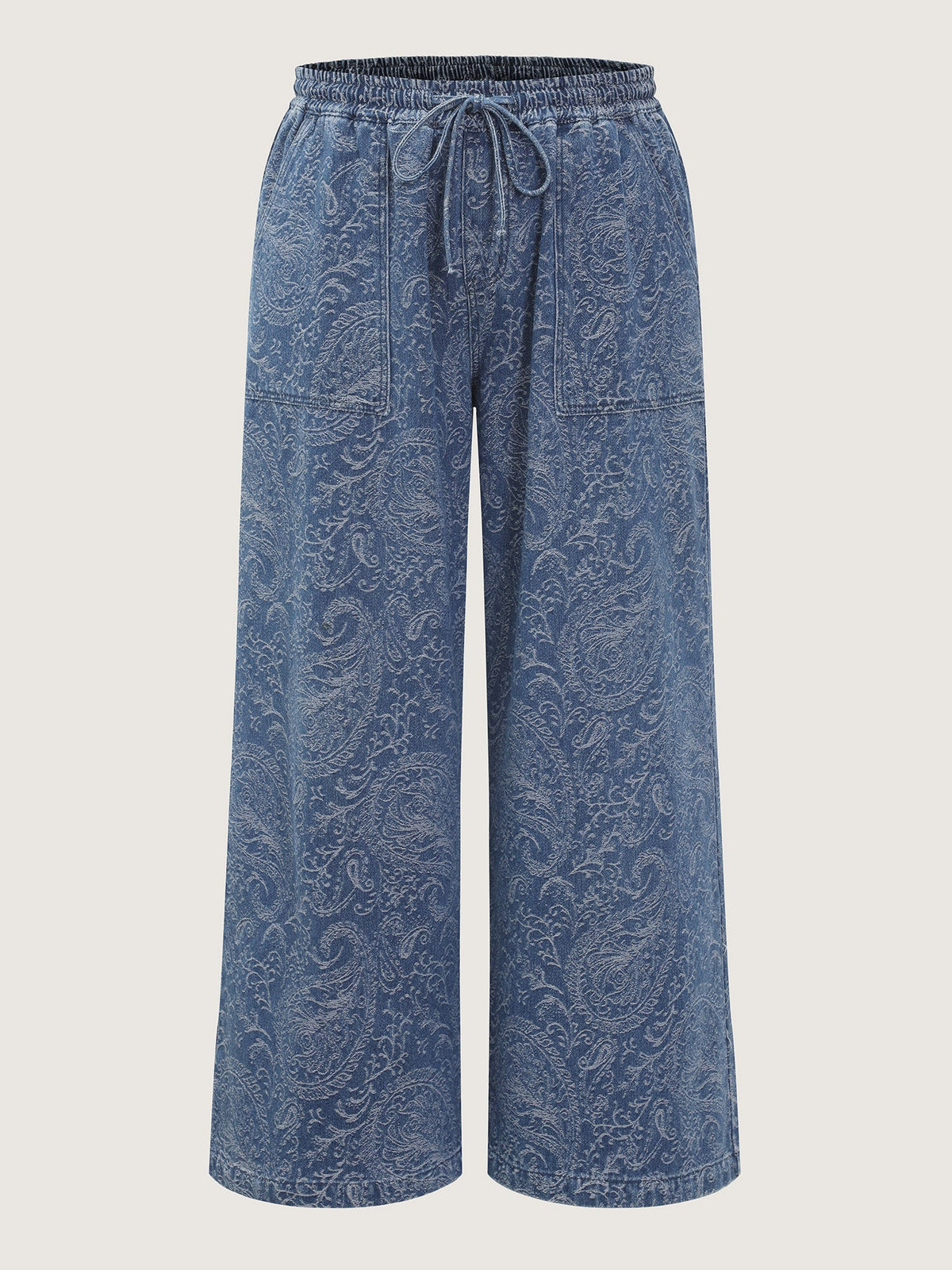 Washed Paisley Print Drawstring Wide Leg Jeans