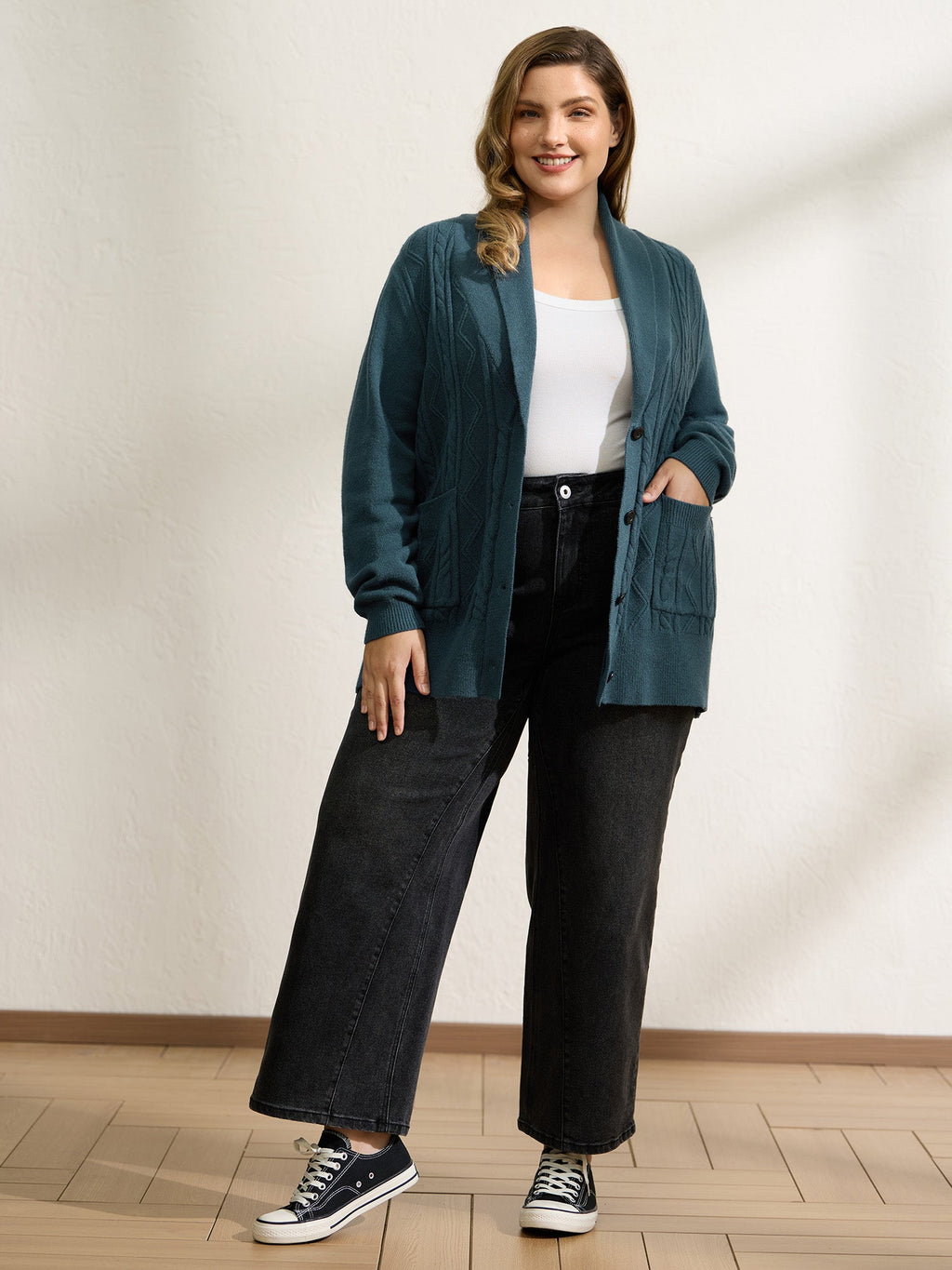 Supersoft Cable Knit Pockets Shawl Collar Knit Cardigan