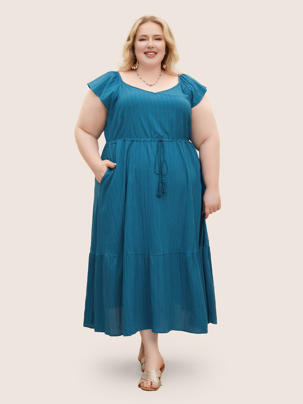 Texture Drawstring Tie Knot Tassels Dress