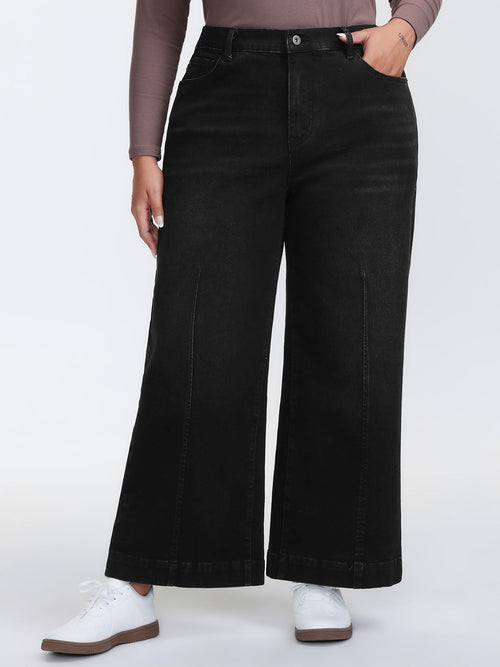 Back Elastic Waist High Rise Wide-Leg Jeans