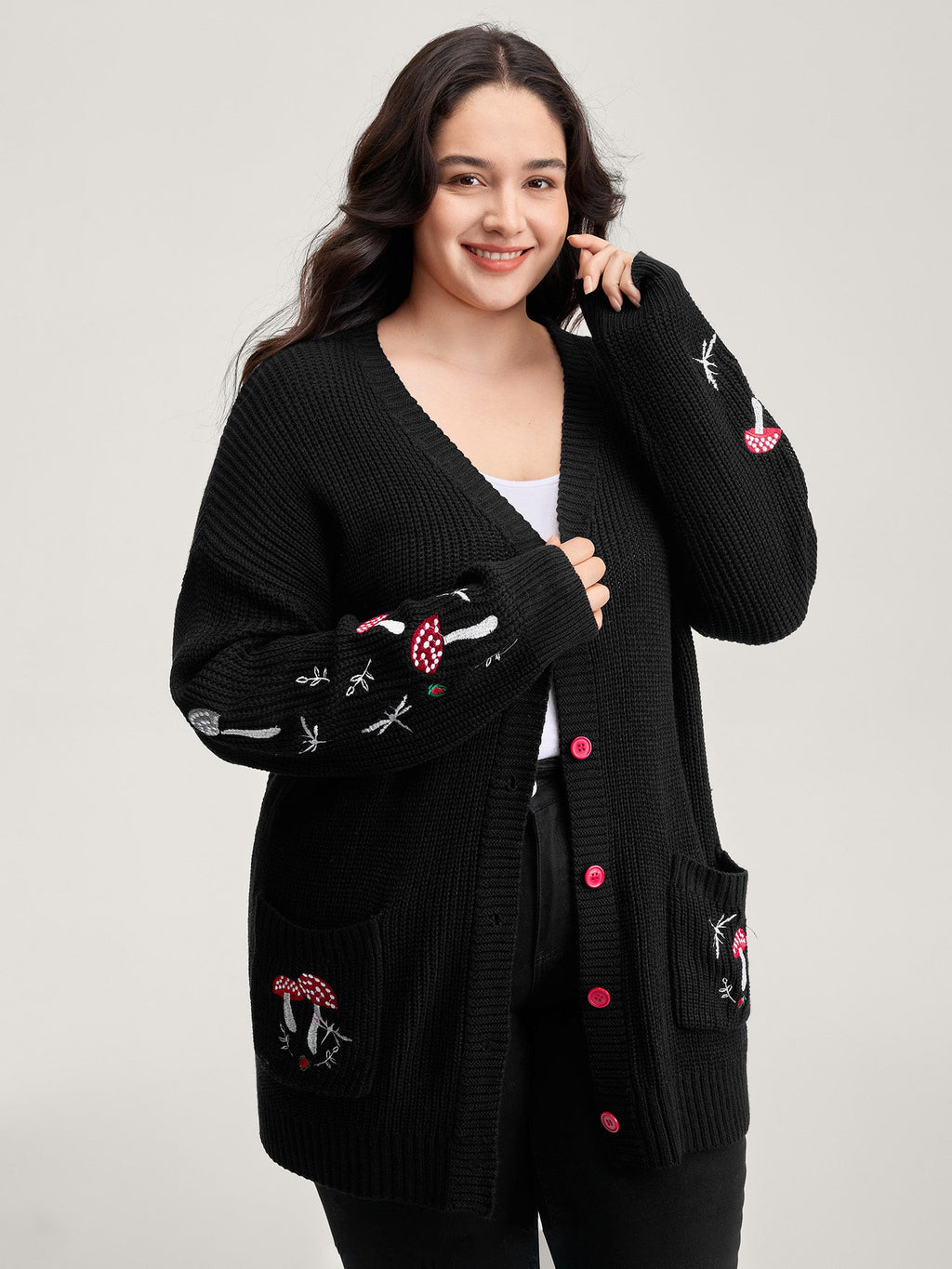 Mushroom Embroidery Textured Button Cardigan