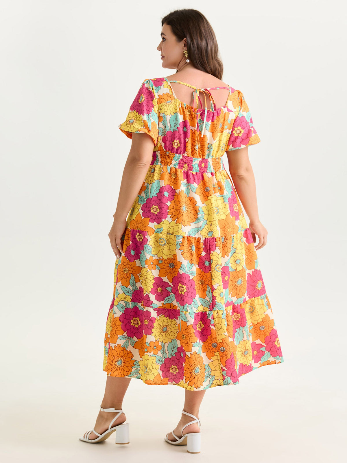 Bright Floral Print Shirred Midi Dress