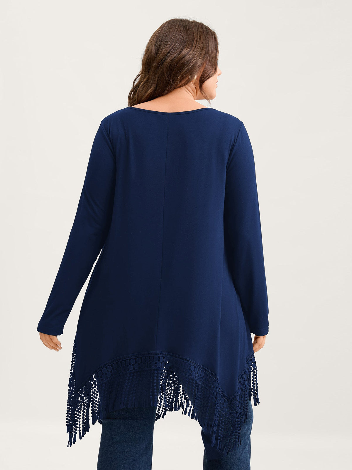 Solid Tassels Trim Pocket Asymmetrical Hem T-shirt