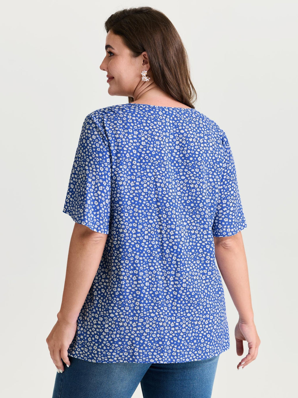 Floral Ruffle Sleeve Gathered Round Neck Blouse