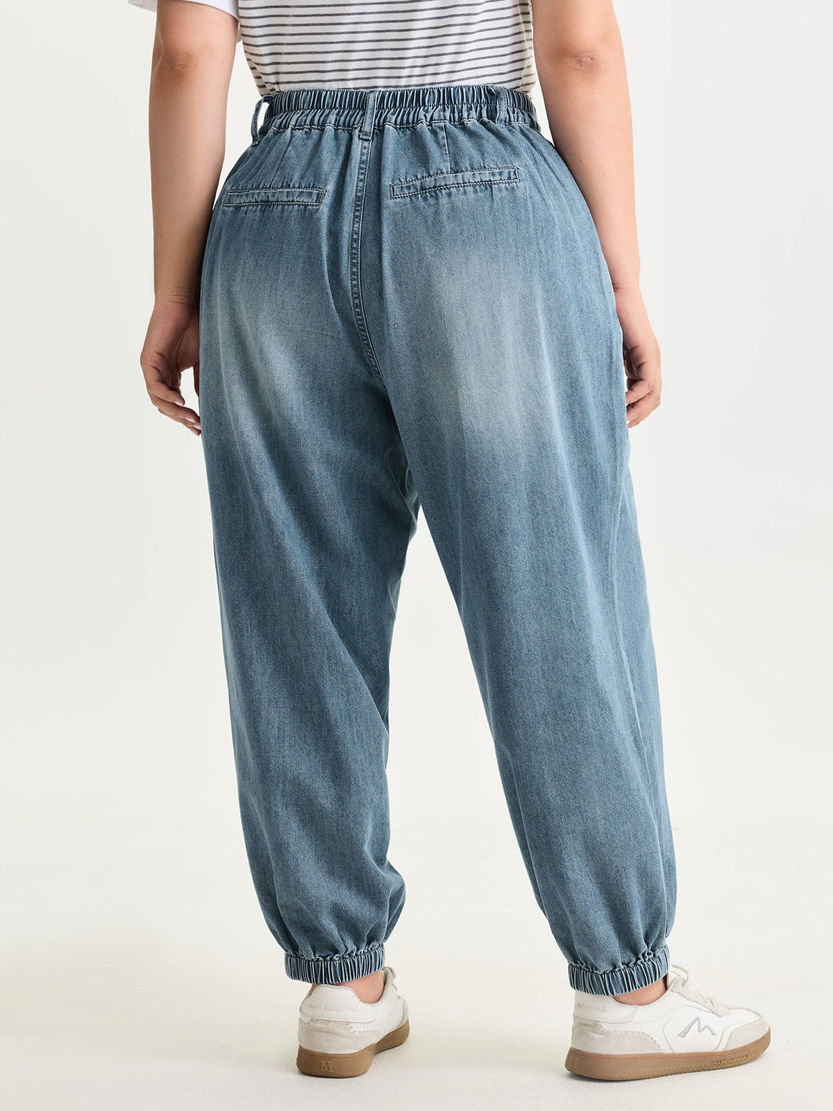 Elastic Waist Cuffed Medium Wash Jeans