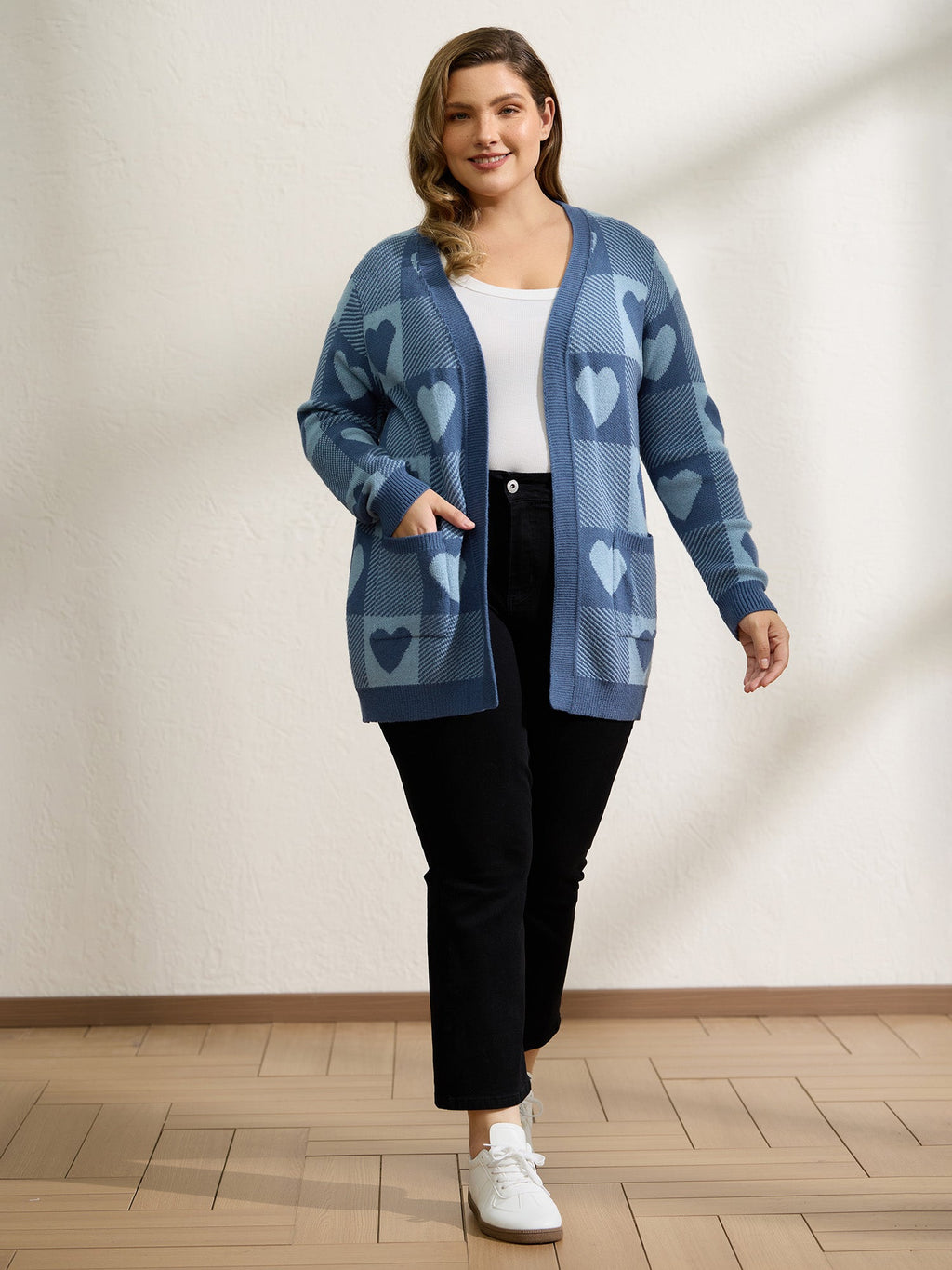 Supersoft Checkered Hearts Jacquard Pockets Knit Cardigan