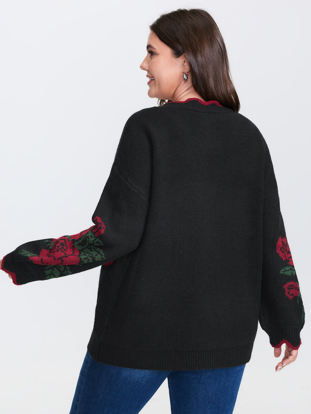 Rose Pattern Jacquard Color Contrast Knit Cardigan