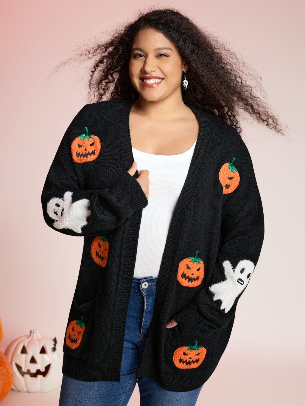 Pumpkin Ghost Embroidery Open Cardigan
