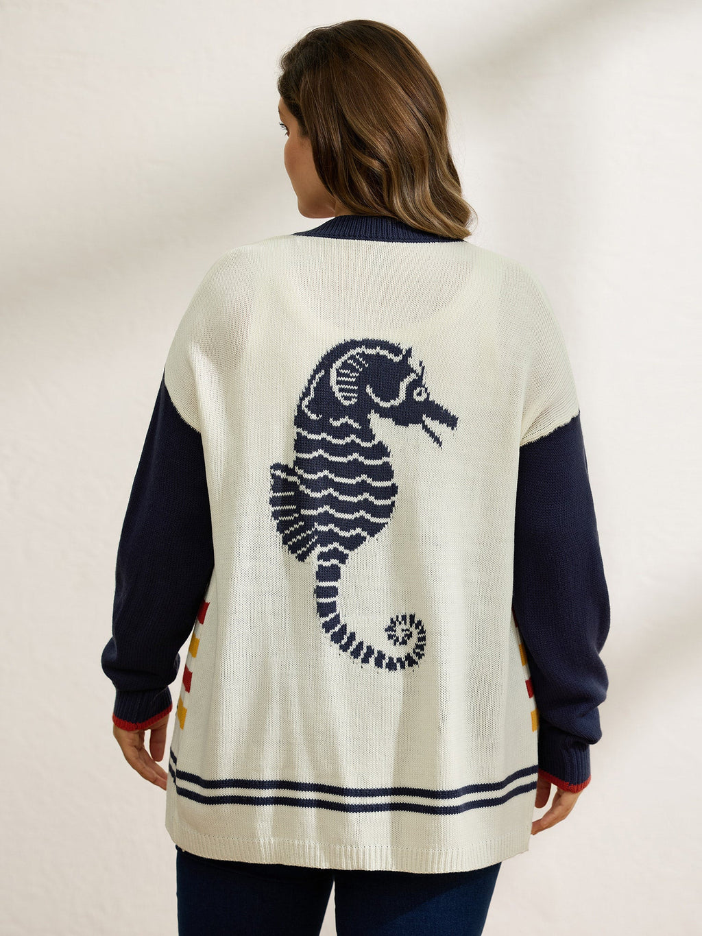 Colorful Stripe Seahorse Motif Jacquard Knit Cardigan