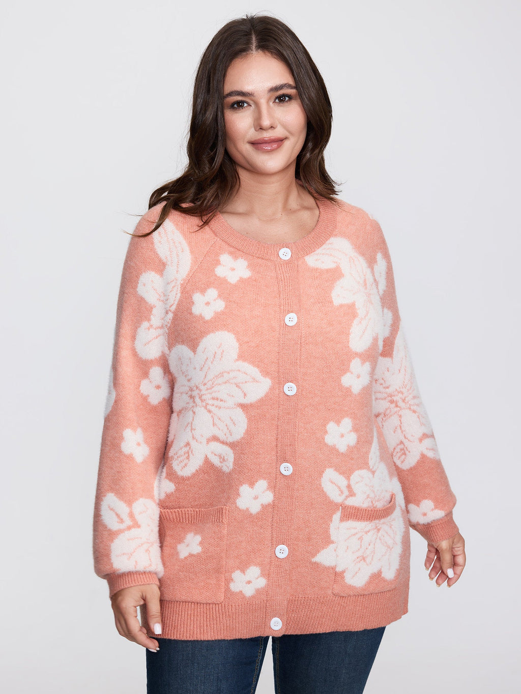 Supersoft Floral Pattern Round Neck Stretchy Knit Cardigan