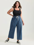 Pull-On Drawstring Elastic Waistband Wide-Leg Jeans