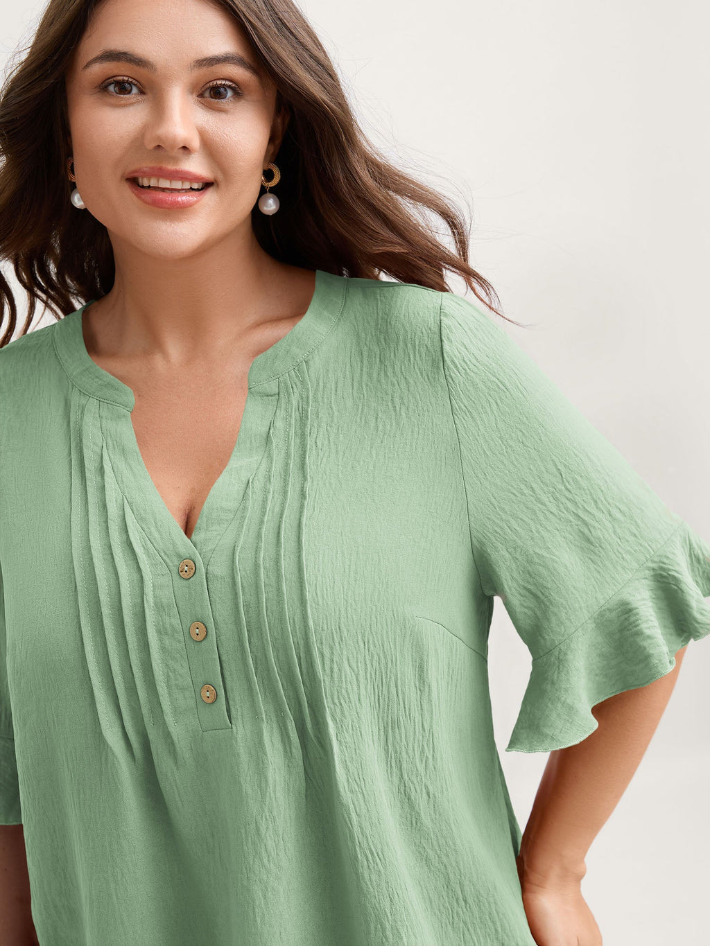 Toothpick Pleats Ruffled Sleeve Solid Blouse