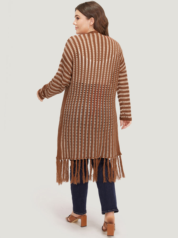 Striped Open Front Tassel Trim Hollow Out Cardigan