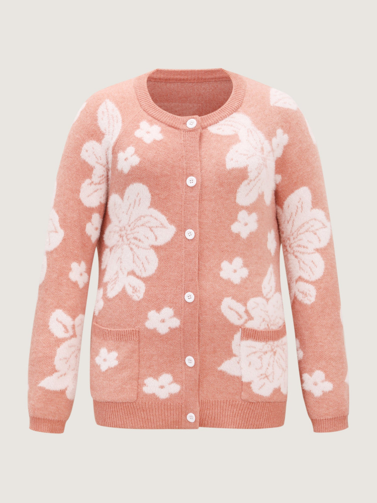 Supersoft Floral Pattern Round Neck Stretchy Knit Cardigan