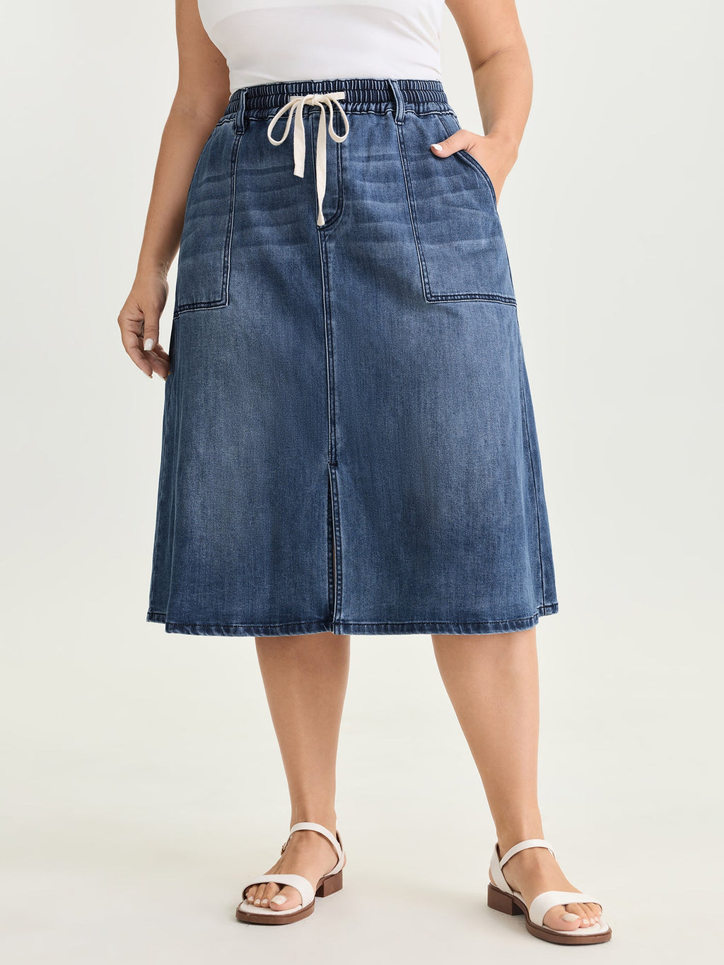 Stretchy Contrast Drawstring Waist Midi Denim Skirt