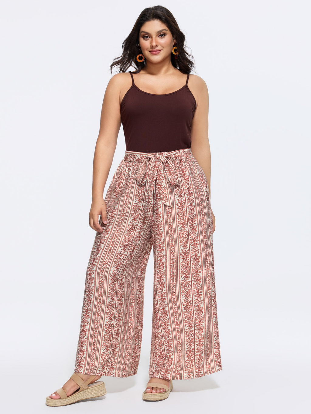 Waist-Tie Wide-Leg Boho Print Pants